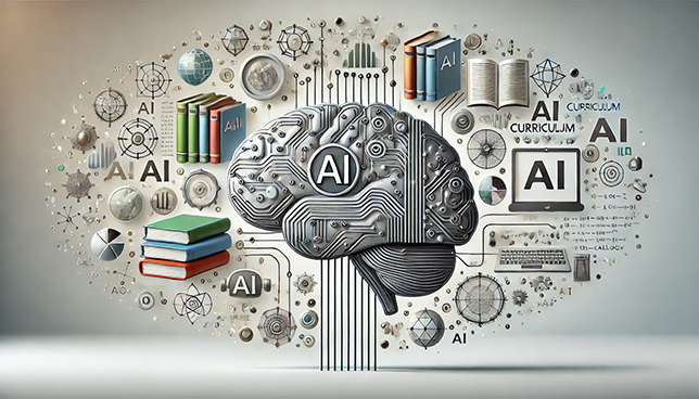 Abstract human brain with integrated circuits. Surrounding the brain are numerous floating textbooks, learning materials, and educational tools