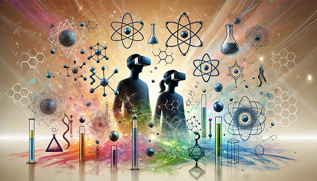 An abstract depiction of a virtual reality science class featuring two silhouetted figures wearing VR headsets