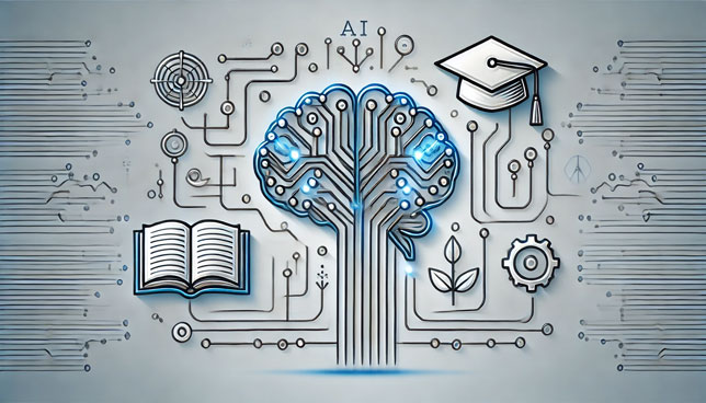 glowing brain, connected circuits, and abstract representations of a book and graduation cap on a light gray gradient background