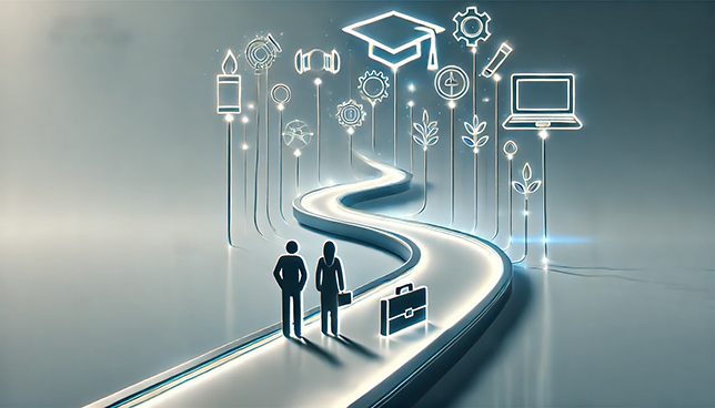 abstract illustration of a glowing pathway curving upward, with floating symbols of a graduation cap, a briefcase, and a tech icon, alongside two silhouetted figures