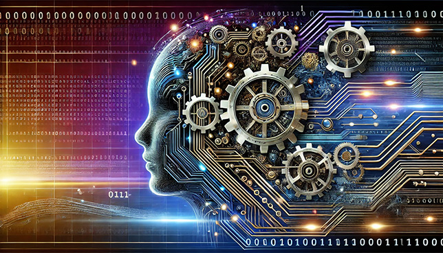 abstract representation of AI and software development focusing on technological elements like circuit boards, gears, data flow lines, binary code, and brackets