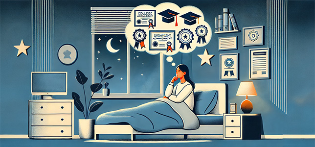 A stylized illustration of a college administrator lying awake in a cozy bed, looking thoughtful. Above their head, thought bubbles depict various certificates, badges, and credentials without any text, symbolizing achievements and goals.