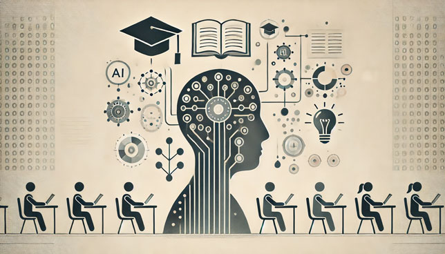 illustration with geometric shapes, digital circuitry, and subtle icons of an open book, graduation cap, and lightbulb