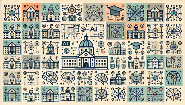 grid of college campus icons alongside AI-themed symbols like neural networks and circuit patterns