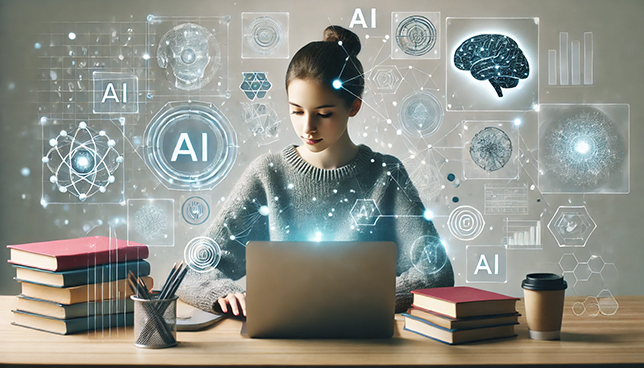 A college student sits at a desk, surrounded by floating AI-themed tech images