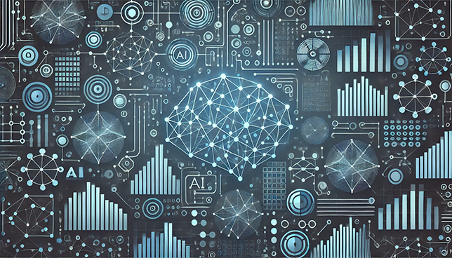 abstract pattern with interconnected blue nodes and lines forming neural network shapes, overlaid with semi-transparent bars and circular data points