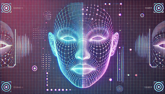 abstract illustration of a biometric face scan, featuring a minimalistic wireframe outline of a human face