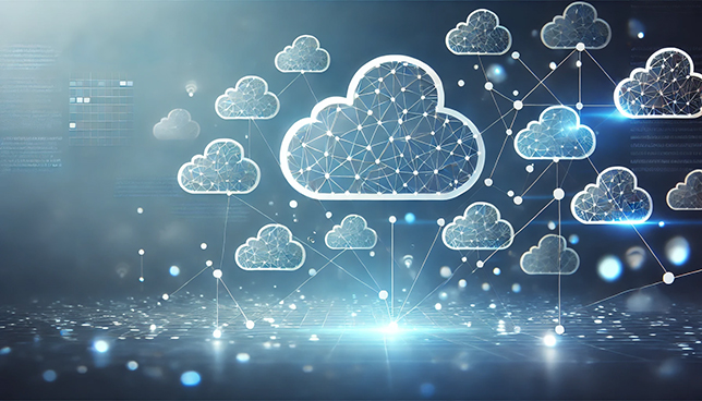 interconnected cloud icons with glowing lines on a gradient blue backdrop