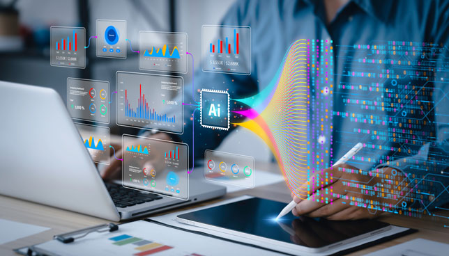 Analyst uses a computer and dashboard for analysis of information on complex data sets