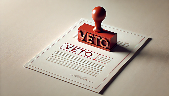 close-up of a formal document with a bold red "VETO" stamp angled across the paper, set on a simple, neutral background