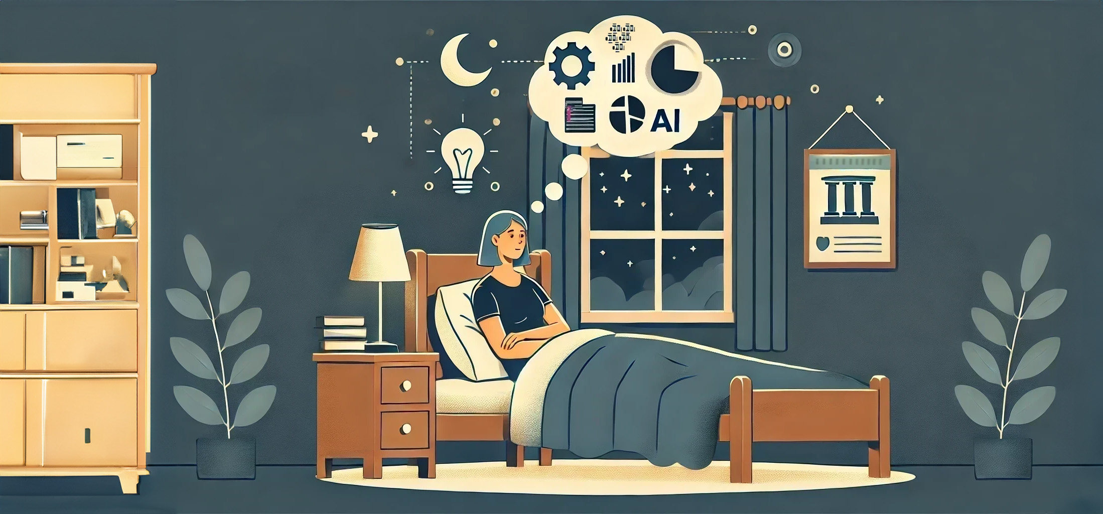 stylized illustration of a college administrator lying awake in a cozy bed, looking thoughtful