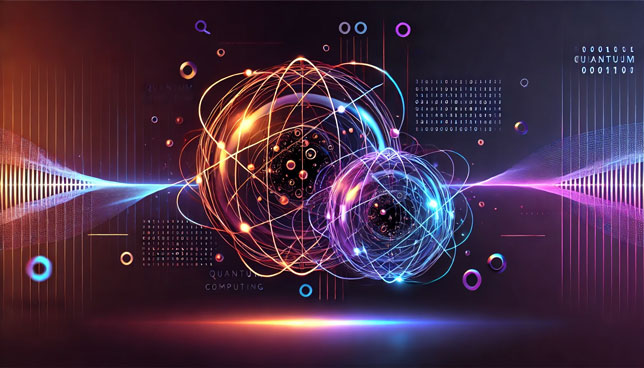 Two stylized glowing spheres with swirling particles and binary code are connected by light beams in a futuristic, gradient space