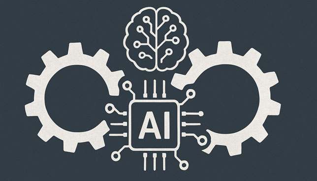 image of a white AI chip with circuit lines, flanked by interlocking gears and a neural network brain icon