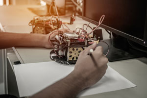 closeup of hands working on robot in makerspace