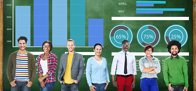 row of people standing in front of graphs