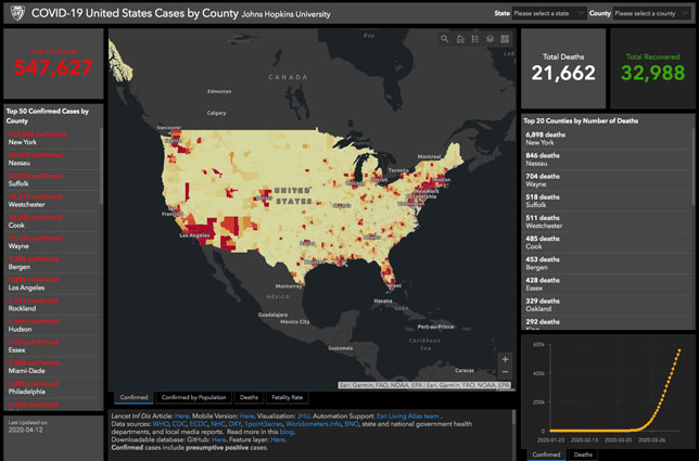 Screenshot of the JHU U.S. COVID-19 map