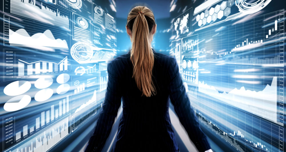 woman surrounded by data and charts