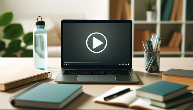 laptop screen with a video play icon, surrounded by parts of notebooks, pens, and a water bottle on a student desk