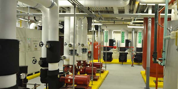 A long view of the geothermal room in Monroe County Community College