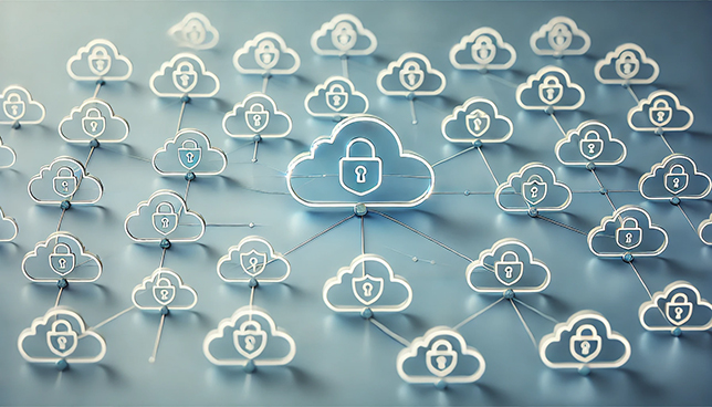 network of transparent cloud icons, each containing a security symbol like a lock or shield