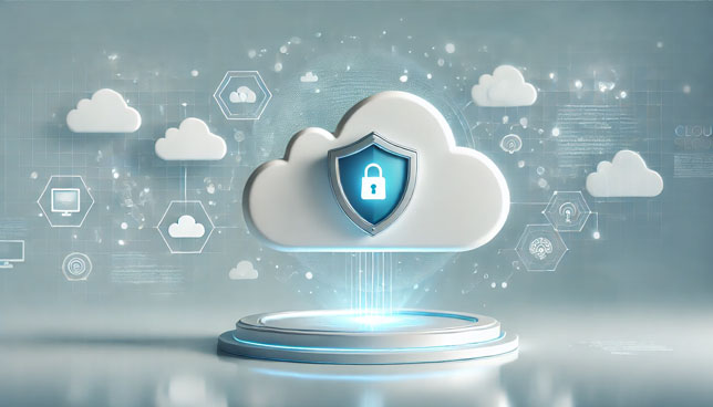 glowing shield hovers above a digital cloud platform with abstract data streams and cloud icons in the background