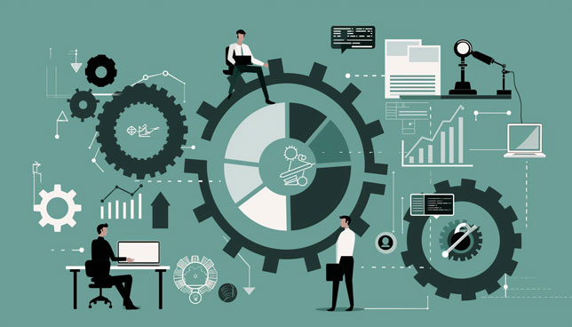 illustration of people collaborating around large interlocking gears and data charts