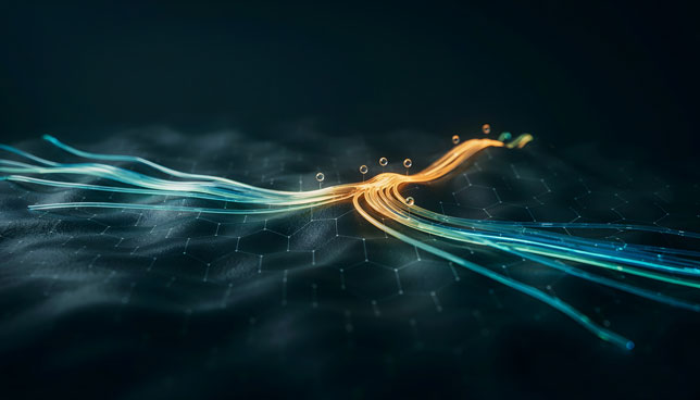 Glowing route lines merging into single gold pathway