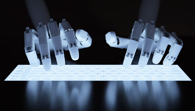 Robot typing on fluorescent keyboard 