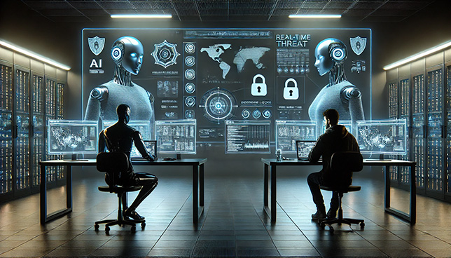 scene in a cybersecurity operations center, showing an AI and a human competing head-to-head