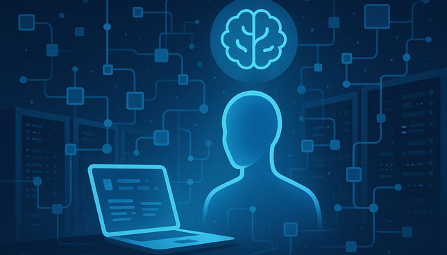 AI assistant represented by a glowing blue humanoid figure in front of a laptop, surrounded by interconnected network nodes and data servers