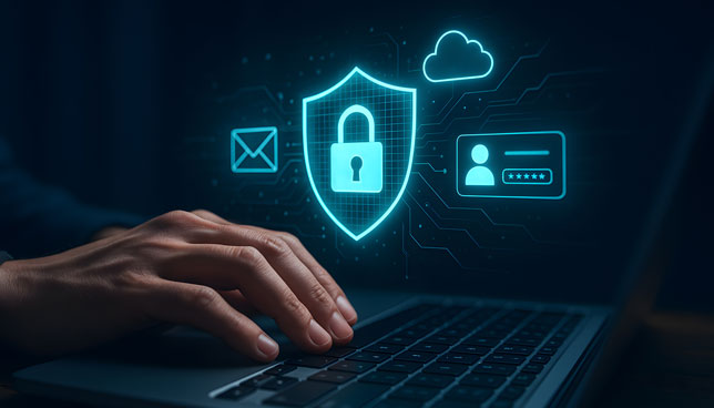 hand typing on laptop with security and email icons