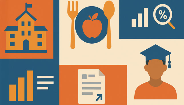 colorful panels depicting university housing, meal plans, data analytics, forms, and a student