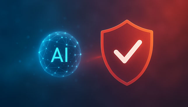 glowing blue AI sphere connected by fine light lines, positioned next to a red-orange shield with a checkmark