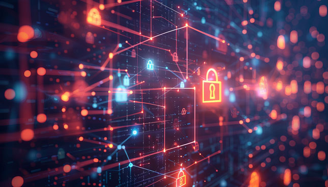 Abstract futuristic digital network with glowing padlock icons