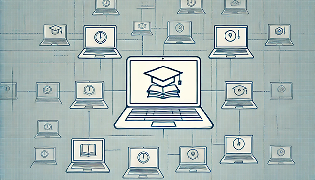 grid of outlined laptops spaced apart, each showing a simple icon like a book or graduation cap