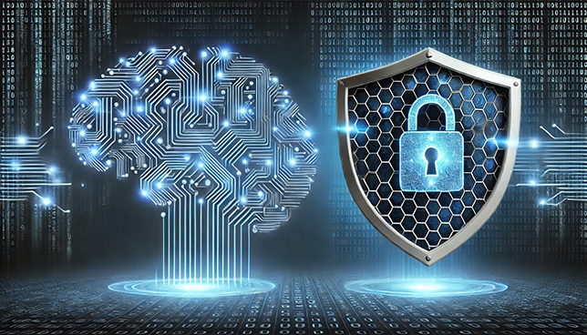 digital brain made of blue circuitry on the left and a shield with a glowing lock on the right, set against a dark background with fading binary code