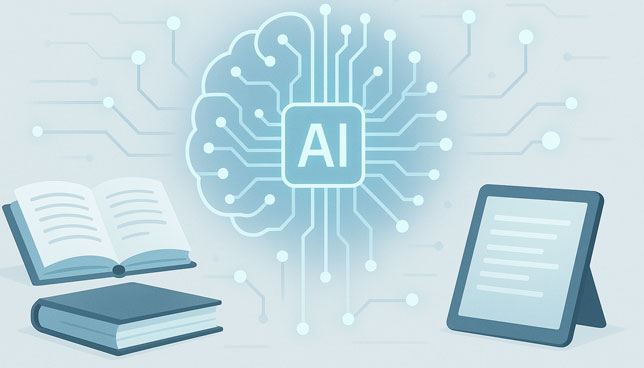 glowing digital brain labeled "AI" is connected by circuit lines to an open book, a closed book, and a tablet