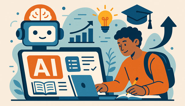 college student using a laptop alongside an AI robot and academic icons like a graduation cap, lightbulb, and upward arrow