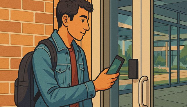 young man in a denim jacket scans his phone at a card reader outside a modern glass building