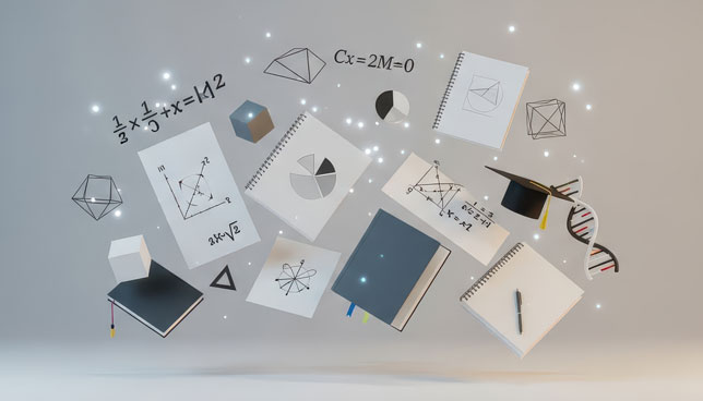 Education, Science, and Math Concepts Floating with Formulas, Graphs, DNA, and Graduation Cap