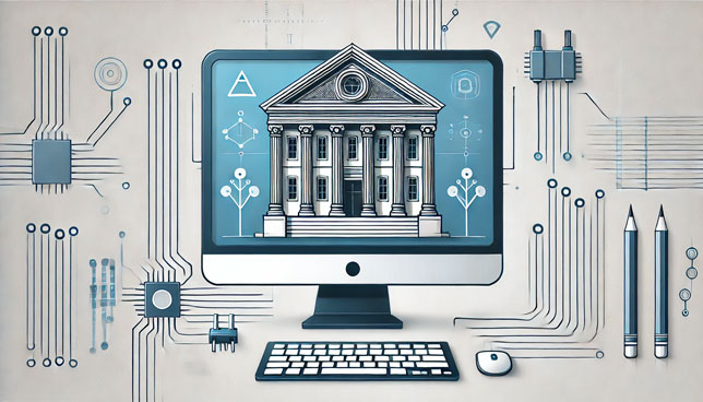 university building with classical columns and a triangular roof displayed on a computer screen, surrounded by minimalist tech elements like circuit lines and abstract digital shapes