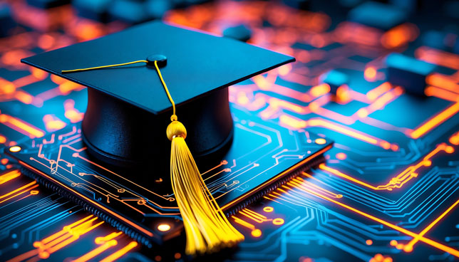 Graduation cap resting on electronic circuit board