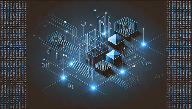 Abstract geometric shapes connected by binary code and circuit patterns