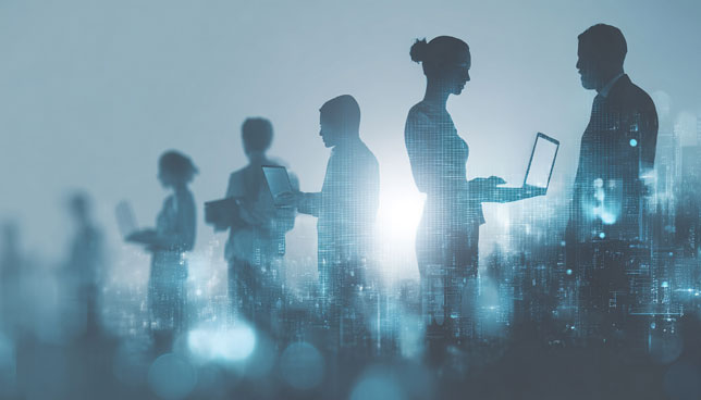 diverse business people using laptops overlaid with data processing textures