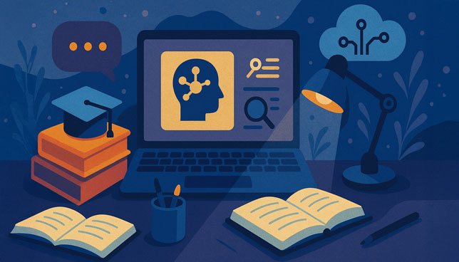 laptop with a neural network image, surrounded by books, notebooks, a magnifying glass, a pencil cup, and a desk lamp