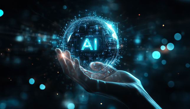 Hand holding a glowing AI sphere