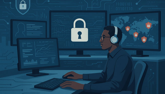 cybersecurity analyst in a modern operations center monitors multiple digital screens showing padlock icons, graphs, and a global map with security markers