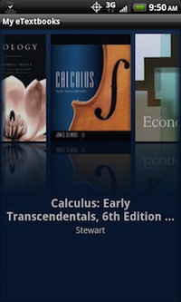CourseSmart for Android 1.0 (shown here on an HTC Evo 4G) provides access to electronic textbooks through a bookshelf-like interface.
