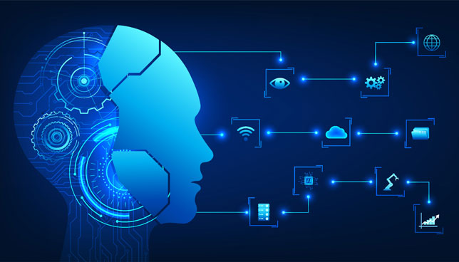 robot brain with various technology and business icons