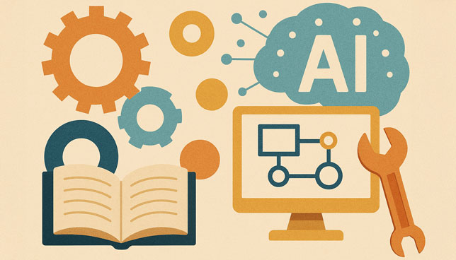 illustration of an open textbook, computer monitor with flowchart, gears, a wrench, and AI cloud symbol